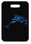 Innovate Scuba Concepts luggage tag covered in a colorful shark pattern with teal background and vibrant pink, orange, and black sharks.
