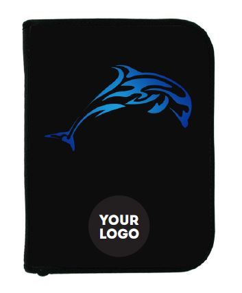 Scuba diving logbook with black cover featuring blue dolphin design - Innovate Scuba Concepts
