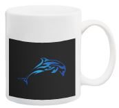 White ceramic mug with black background featuring blue diving fin design