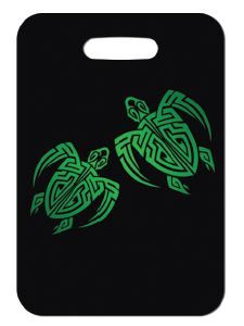 Innovate Scuba Concepts luggage tag with two tribal red manta rays on a black background.