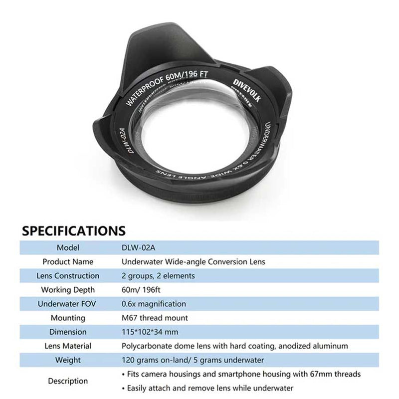Underwater Wide-Angle Conversion Lens 0.6x for DIVEVOLK and Compact Camera Housings-Scuba Schools of America