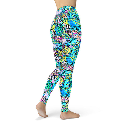 Eco-Friendly Neon Fish Frenzy Contour Leggings