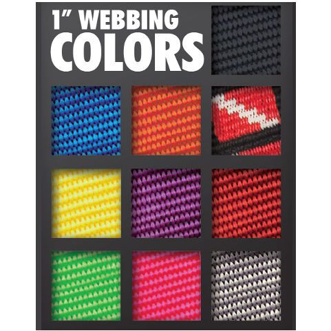 webbing color options chart showing 9 different colors: blue, orange, red with logo, yellow, purple, dark red, green, pink, and black/white pattern