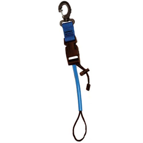 Blue and brown dive gear retractor lanyard with carabiner clip and loop attachment