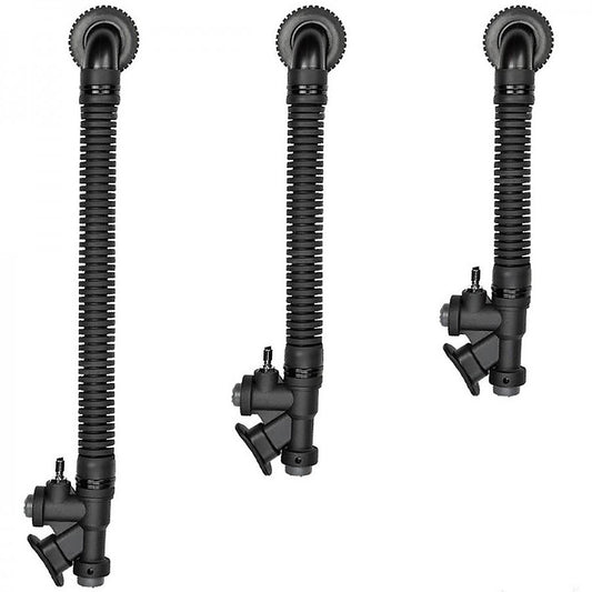 XDEEP complete inflator assembly with corrugated hose and elbow adaptor, 13-inch long, front view.