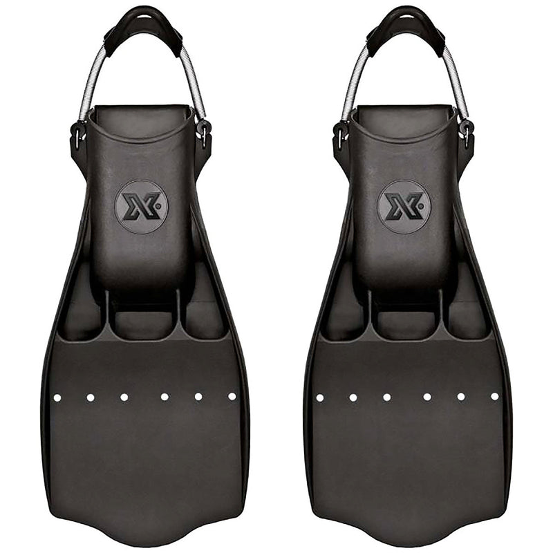 XDEEP Medium Stiff XL-size jet-style rubber dive fins with spring heel straps, side view.