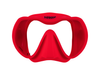 XDEEP red silicone low-profile dive mask with clear frame and red skirt, front view.