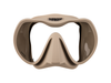 XDEEP beige silicone low-profile dive mask with clear frame and desert sand skirt, front view.