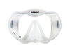 XDEEP clear silicone low-profile dive mask with transparent skirt, front view.