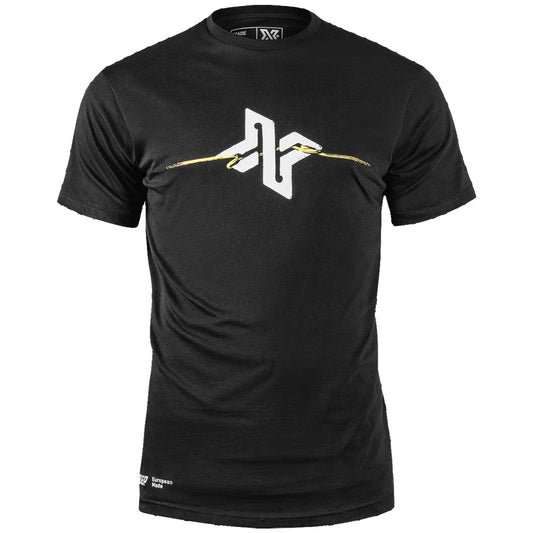 XDEEP black T-shirt with cave marker print, size XXL, front view.