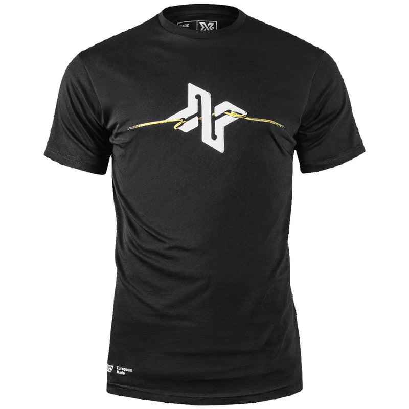 XDEEP black T-shirt featuring cave marker graphic design, size XS, front view.