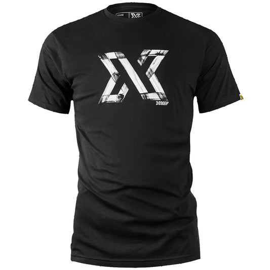 XDEEP black T-shirt with paint brush "X" design, size XXL, front view.
