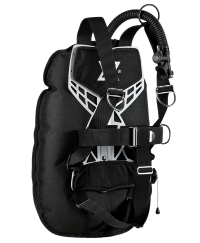 XDEEP NX GHOST Standard – rear view of full BCD set with ultralight wing, cam bands, and single tank adapter