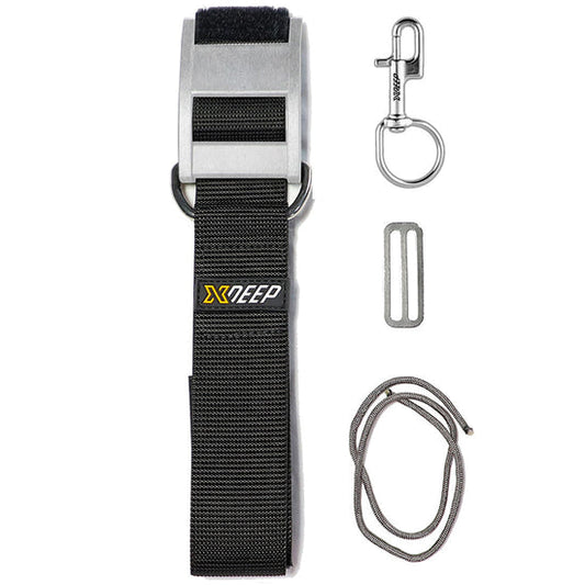 XDEEP Sidemount Tank Band Kit – stainless steel cam band with NX large bolt snap, tri-glider, and paracord for single tank rigging