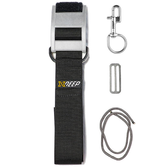 XDEEP Sidemount Tank Band Kit – stainless steel cam band with NX large bolt snap, tri-glider, and paracord for single tank rigging
